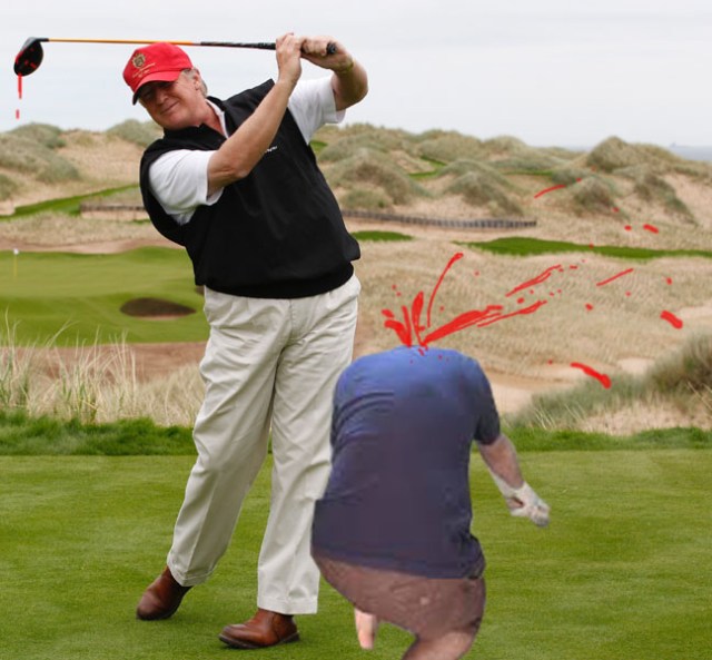 U.S. property magnate Donald Trump practices his swing at the 13th tee of his new Trump International Golf Links course near Aberdeen