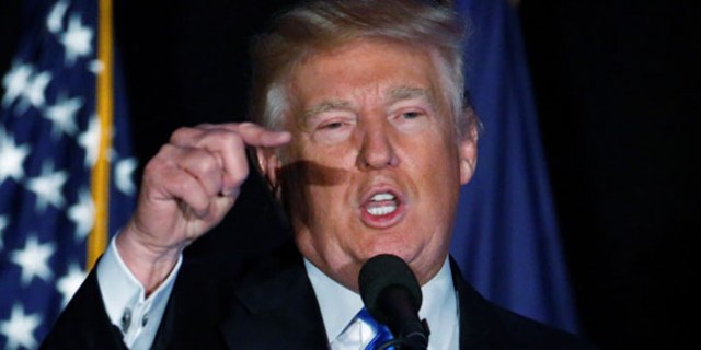 Republican presidential nominee Donald Trump speaks at a campaign rally in Manchester